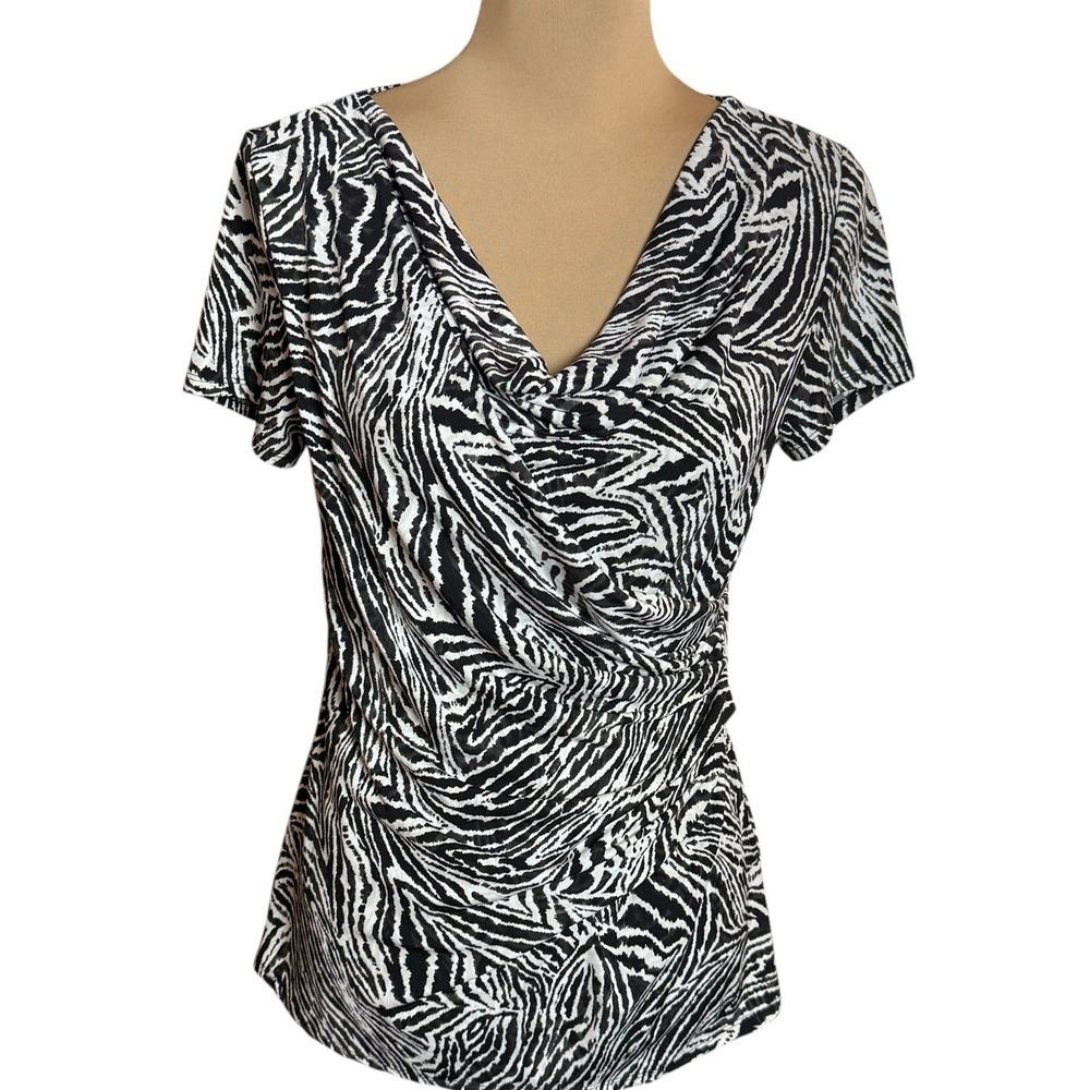 Cowl Neck Wrap Top Women's Sz M Black White Zebra Mob Wife Animal Print Y2k